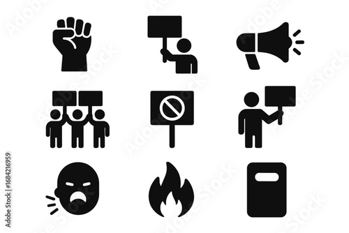 Protest and Activism Icons Set – Solid Filled Vector Symbols of Advocacy, Demonstration, Protest Signs, Raised Fist, Megaphone, Angry Face, Fire, Riot Shield with Transparent Background