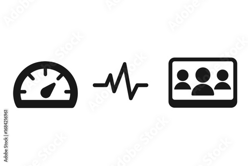 Real-time monitoring solid icon set. Performance metrics, speed gauge, KPI benchmark, data pulse, active user sessions, livestream audience. Analytics dashboard glyph symbols.