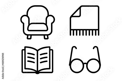 Cozy reading nook outline icon set. Vector symbols for relaxation and hobbies. Armchair, soft blanket, open book and glasses. Minimalist icons for library or bookstore concept.