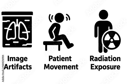 Radiology Challenges Icons Solid Filled Vector Set Depicting Common Issues Including Image Artifacts, Patient Movement, and Radiation Exposure in Medical Imaging and Diagnostic Process