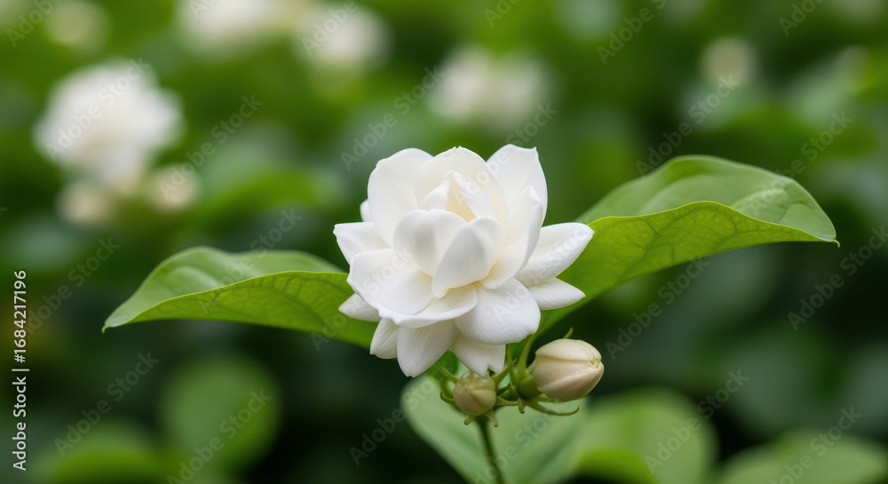 Fototapeta premium Jasmine flower in the garden: A close-up of a single delicate jasmine flower, showcasing its pristine white petals and vibrant green foliage, exudes a sense of tranquility and natural elegance.
