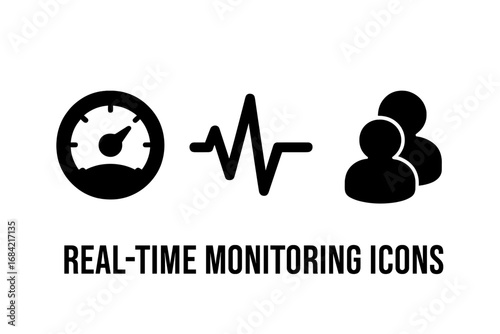 Real-time monitoring icon set. Solid glyph icons for performance dashboard. Speed gauge, data pulse, active users sessions. Analytics and statistics vector symbols for web.