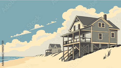 Coastal houses on sandy beach under a cloudy sky summer vacation home illustration.