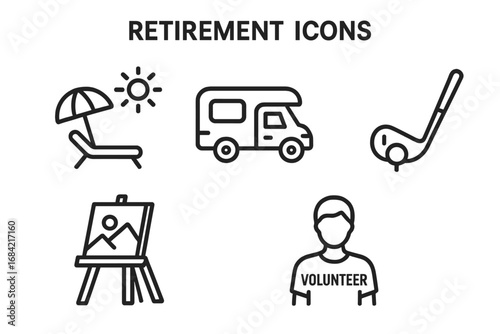 Retirement lifestyle choices vector icon set. Senior leisure & hobby outline concepts: beach relaxation, RV camper travel, golf, painting, volunteering. Pictogram for pension.
