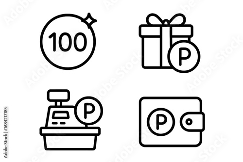 Reward points icons set, outline style with redemption points, balance check, gift redemption, checkout counter, digital wallet, vector cartoon illustration, customer loyalty design