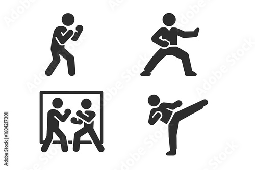 Martial arts solid glyph icon set. Solo practice concepts including shadowboxing, kata stance, mirror training and kicking. Vector pictograms for combat sports and self-defense.