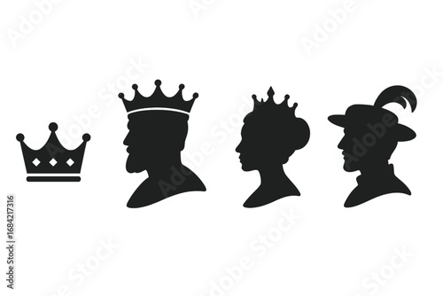Royalty Silhouette Icon Set with Crown, King, Queen, and Noble Symbols in Vector Cartoon Style, Transparent Background, Classic Monarchy and Regal Symbols, Ordered Set