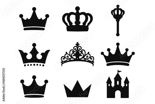 Royal silhouette icon set with crowns, tiara, scepter, and castle illustrations. Elegant vector cartoon-style collection of regal symbols and medieval royalty icons with transparent background