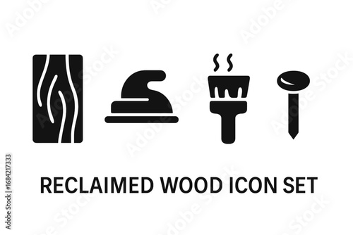 Reclaimed wood solid icon set for woodworking, carpentry, and DIY projects. Vector symbols of wooden plank, sanding tool, varnish brush, and nail head for graphic design.