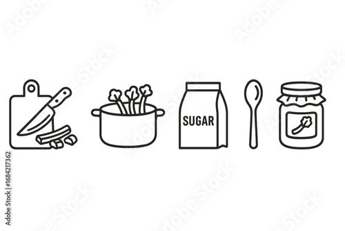 Rhubarb jam preparation icon set. Cooking homemade fruit preserve with ingredients. Vector line art illustration of chopping board, knife, pot, sugar, and mason jar.
