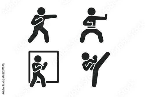 Martial arts icon set. Solo practice concepts for combat sports. Vector glyphs of shadowboxing, kata stance, mirror training, and high kick for self-defense or fitness.