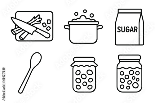 Rhubarb jam making icon set. Vector line icons for cooking recipe, food preparation. Includes chopping board, knife, pot, sugar, spoon, mason jar. Homemade preserve concept.