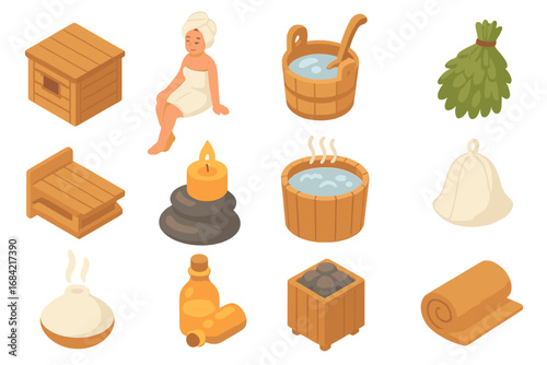 Isometric Sauna and Wellness Icons Set – Relaxing Spa, Bathhouse Designs, Vector Cartoon Illustration with Transparent Background for Health and Leisure
