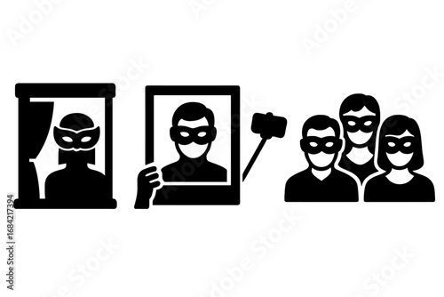 Masquerade party icon set. Photo booth celebration. People in masks taking group selfie. Carnival event pictogram. Man and woman portrait with frame prop. Vector illustration.