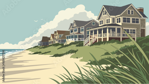 Coastal Houses Beachfront Property Summer Vacation Home Illustration.