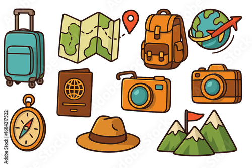 Travel icon set for adventure and exploration. Vector cartoon illustration of luggage, map, passport, camera, compass, mountains. Tourism and vacation journey concept elements.