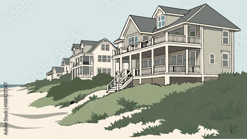 Coastal Houses Beachfront Property Summer Vacation Homes Ocean View Illustration.