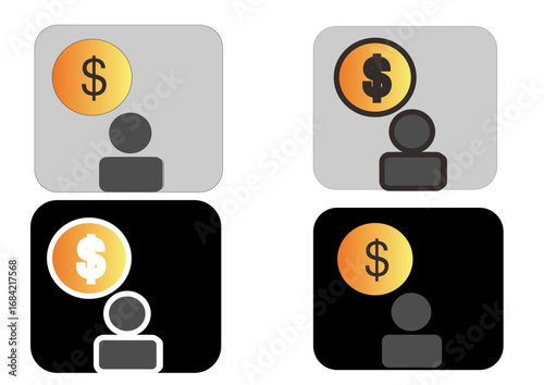 Collection of user profile icons with a dollar sign coin, symbolizing personal finance, earnings, and wealth in both light and dark modes