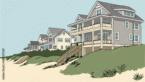 Coastal Houses Beachfront Property Summer Vacation Home Sand Dunes Ocean View Architecture Illustration.