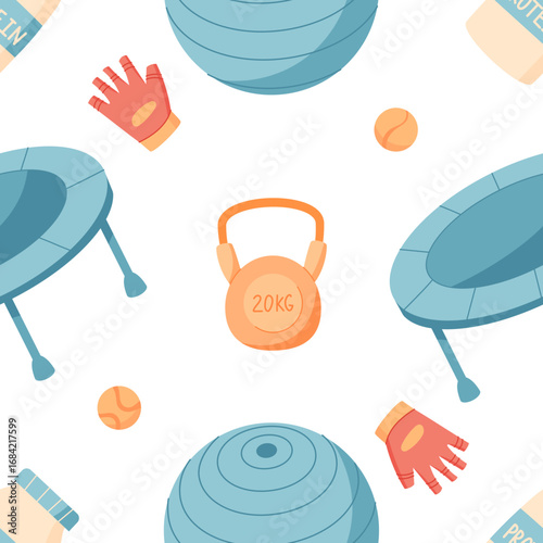 Colorful seamless pattern with gym equipment like kettlebell, trampoline, glove, and ball. Vibrant sport and workout elements showcase exercise tools. Fitness decor in dynamic repetitive style, ideal