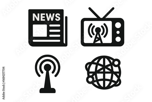 Mass communication glyph icon set. Newspaper news, TV broadcast, radio tower signal, global internet network. Media, press, journalism vector solid icons. Communication concept.