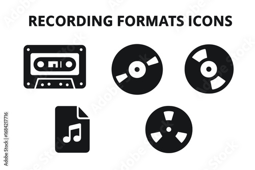 Audio recording formats vector icon set. Solid glyphs of music media evolution. Cassette, vinyl record, CD, digital file, reel-to-reel. Old retro and modern sound technology.