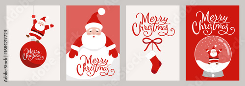 A set of four Christmas-themed cards with cartoon Santa Claus figures, a stocking, and "Merry Christmas" greetings in a red and white color scheme.