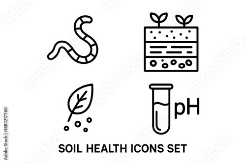 Soil health line icons set. Vector outline symbols for agriculture and gardening. Earthworm, soil profile, organic matter, and pH test for analysis and management concepts.