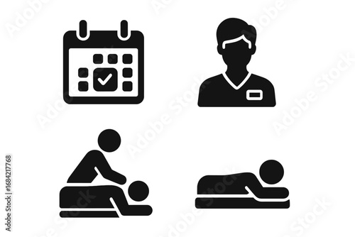 Massage therapy solid glyph icons set. Spa and wellness center elements. Body treatment, relaxation, masseur, client on table, appointment calendar vector pictograms.