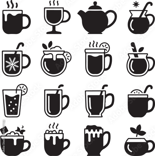 Assortment of hot beverage icons in cups and mugs for drinks hot drink coffee cup