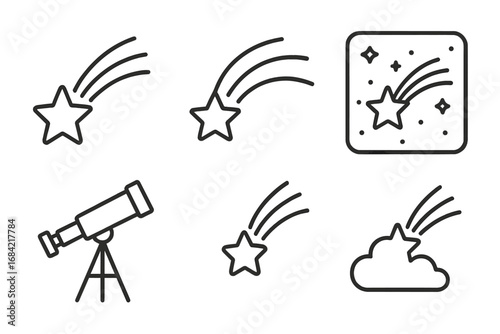 Shooting star line icon set. Comet, meteor and telescope symbols. Astronomy and astrology concept. Make a wish, dream, magic and luck. Vector graphic element collection.