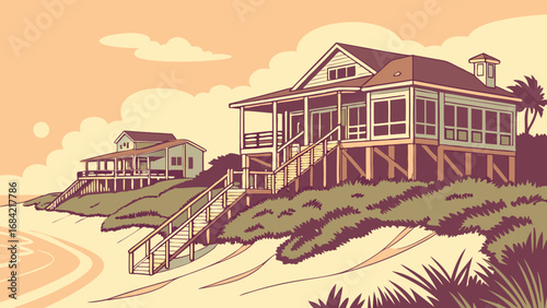 Coastal Houses Beachfront Vacation Homes Summer Sunset Idyllic Seascape Ocean View Tranquil Scene Vintage Illustration Holiday Destination Relaxing Beach Tropical Getaway Seaside Cottages Summer Vaca.
