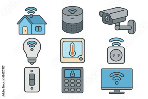 Smart home technology icon set. Vector collection for internet of things. Automation system symbols for house control, security camera, smart speaker, lightbulb and thermostat.