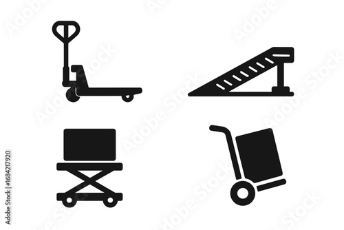 Material handling equipment icon set. Warehouse logistics symbols. Pallet jack, loading ramp, scissor lift, and hand truck dolly solid glyph icons. Cargo transport vector.