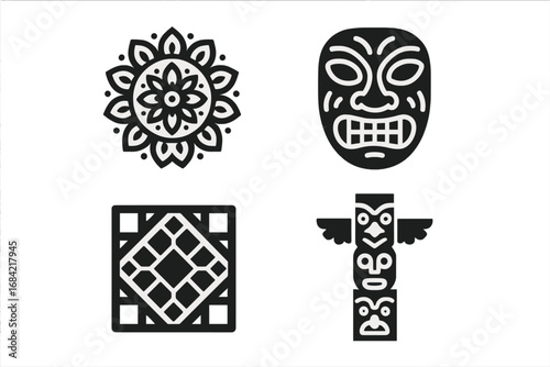 Vector icon set of world cultures. Solid glyph collection of diverse ethnic symbols: Indian mandala, African tribal mask, Native American totem pole, and Islamic mosaic tile.