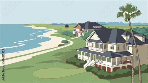 Coastal Houses Ocean View Beachfront Property Summer Vacation Home Seaside Landscape Illustration.