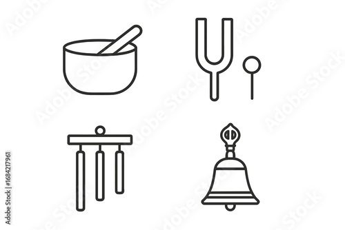 Sound healing icon set. Vector outline illustration of meditation and relaxation tools. Crystal singing bowl, tuning fork, chime, and Tibetan bell for sound therapy.