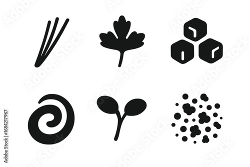 Soup Garnish Icons. Solid glyph vector set of food toppings for cooking. Includes chives, parsley, croutons, cream swirl, microgreens, crumbled bacon, pepper. Culinary symbols.
