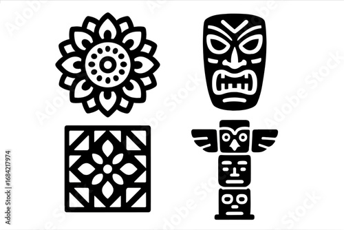 Cultural icons glyph set. Tribal art collection with mandala, totem pole, Tiki mask, and mosaic tile. Ethnic, spiritual, and traditional symbols. Vector illustration.
