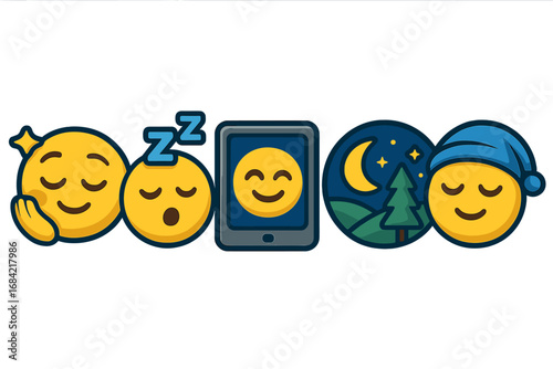 Sleep emoji and icon set for cozy nighttime relaxation. Vector cartoon sleepy face, Zzz emoticon, nightcap, and tablet. Serene nature scene with moon for good dreams concept.