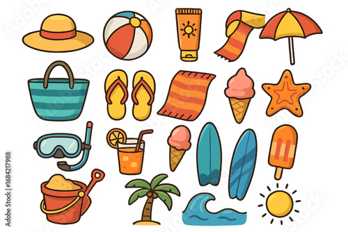 Summer vacation icon set. Beach essentials, travel and holiday elements collection. Cartoon vector illustration of sun, palm, surfboard, ball, ice cream, drink and sand.