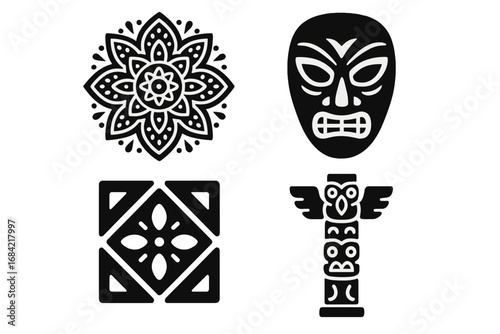 Vector icon set of diverse cultural symbols. Black glyph collection with indigenous art motifs: mandala, tribal mask, ethnic mosaic tile, and native american totem pole illustration.