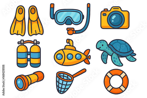 Marine exploration icon set. Underwater sea adventure collection. Vector illustration of diving equipment, submarine, turtle. Snorkel, fins, camera, lifebuoy flat cartoon icons.