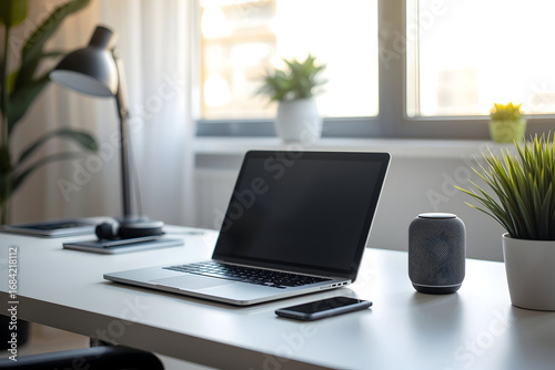 Wallpaper Mural Modern workspace featuring a laptop, smartphone and speaker showcasing simplicity and productivity Torontodigital.ca