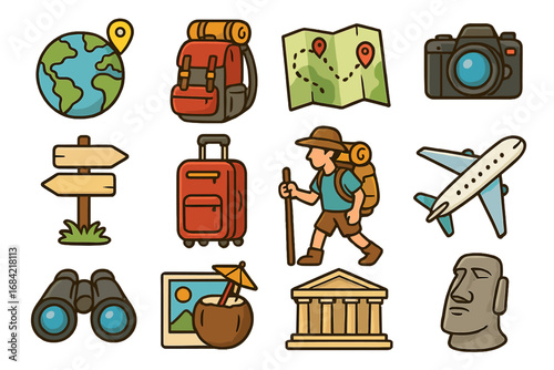 Travel icon set. Adventure, vacation, and tourism symbols. Globe, map, camera, airplane, backpacker, and luggage for holiday trip. Vector cartoon flat illustration collection.