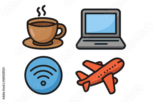 Digital nomad lifestyle icon set. Remote work, business travel, and technology concept. Vector icons of coffee, laptop, wifi, and airplane for modern connectivity and work.