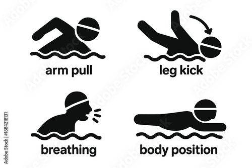 Swimming Technique Icons Vector Set, Solid Filled Cartoon Illustrations Showing Arm Pull, Leg Kick, Breathing, Body Position for Swim Training and Sports Instruction