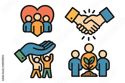 Community support icon set. Teamwork and partnership. Collaboration, growth, help and social responsibility concept. Vector symbols for business, charity, and cooperation.