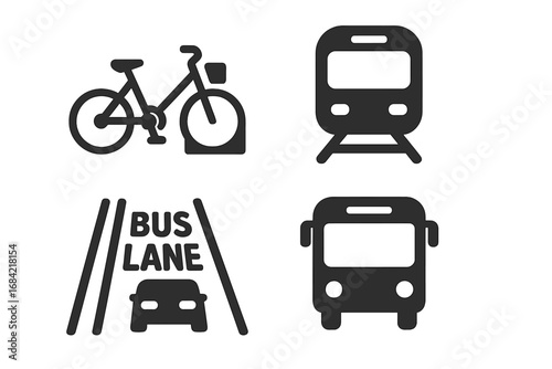 Sustainable City Travel Icons Set, Solid Filled Vector Illustrations of Eco-Friendly Shared Bike Dock, Urban Subway Train, Bus Lane Sign, and Public Bus Transportation Symbols