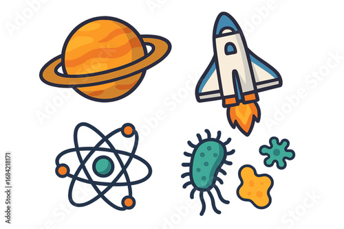 Science exploration icon set. Flat cartoon vector symbols. Planet, rocket launch, atom model, bacteria, virus. For astronomy, physics, biology, research, and education concepts.